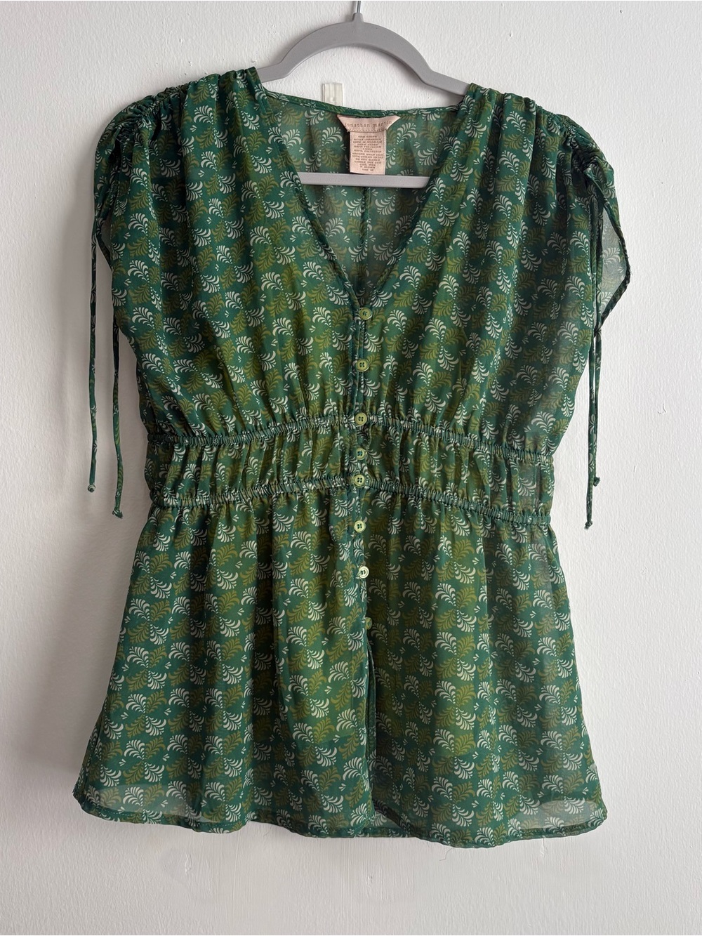 Vintage Y2K Jonathan Martin Green Floral Cinched Chiffon V-Neck Blouse M